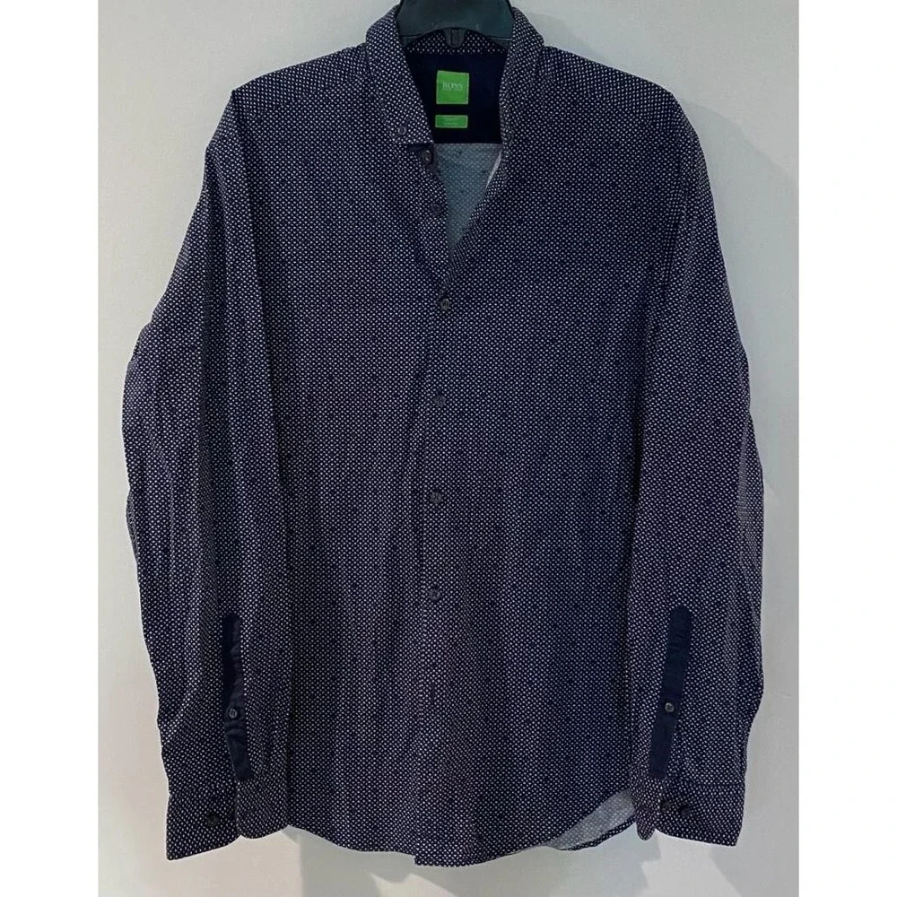 HUGO BOSS Men's Long‎ Sleeve Button-Up Shirt Navy Polka Dot Size Large